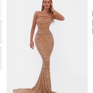 Albina Dyla Nude Gold Dress Beaded